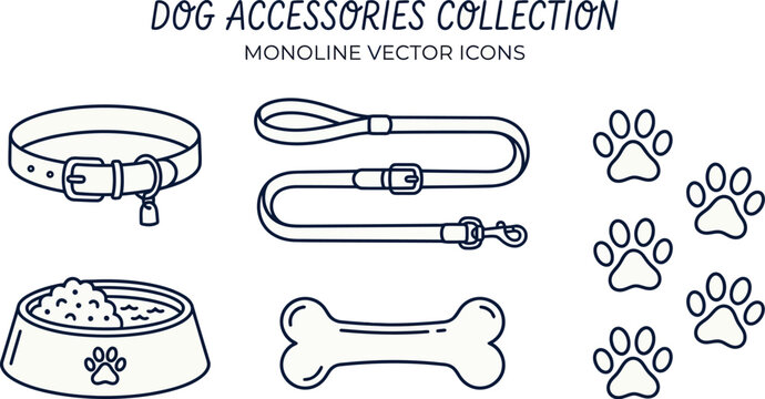 Dog accessories collection with monoline vector icons including collar leash bone and food bowl for pets