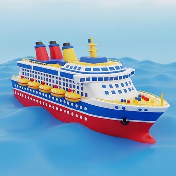 Large cruise ship with colorful decks and lifeboats.