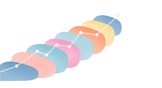 Abstract illustration with colorful, overlapping ovals and a white rising trendline