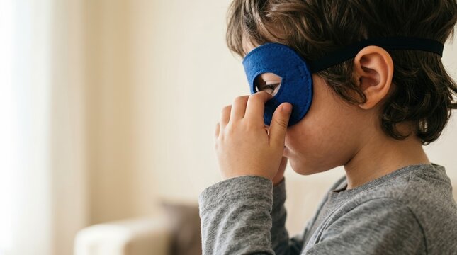 Young boy wearing blue felt superhero mask playing at home, imaginative child pretending to be a hero, creative childhood play and fantasy concept, caucasian kid in costume