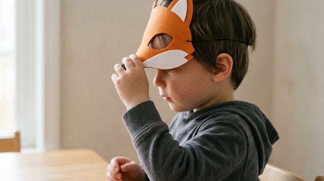 Young boy wearing a handmade felt fox mask at home, creative childhood play and imaginative pretend game concept, preschooler exploring animal character roleplay
