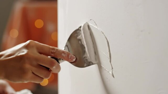 Hand applying drywall compound with a putty knife to repair a hole on a white wall close up