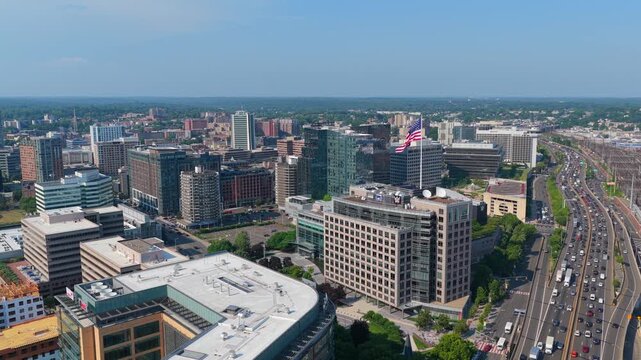 Beautiful aerial of Stamford, Connecticut, 4K aerial view with the I-95 expressway.