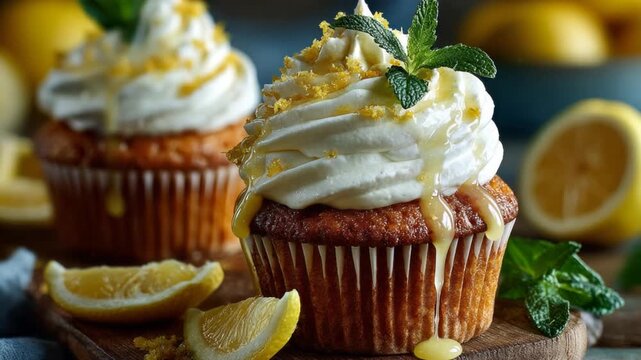 Delicious homemade lemon cupcake decorated with white cream, mint, and lemon zest