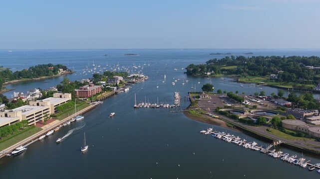 Greenwich Harbor, High Aerial Drone shot, Greenwich, CT