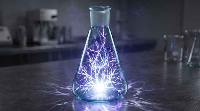 Scientific Erlenmeyer Flask Generating Luminous Blue Lightning Bolts Inside Dark Laboratory