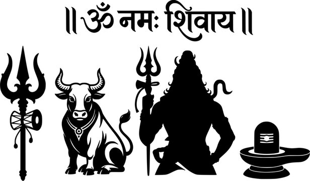Om Namah Shivay Hindi calligraphy vector icon set featuring solid black silhouettes of trishul with damru, Nandi bull, Lord Shiva, and Shivling isolated on a white background.