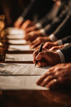 Important treaty document being signed by multiple individuals in a formal setting at a historic location