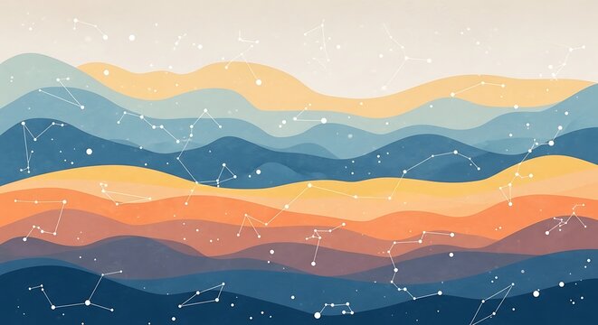 Abstract, layered mountainscape in warm hues, overlaid with constellation lines