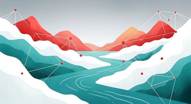 Abstract landscape of mountains, river, clouds with a data network overlay