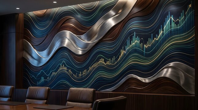 Modern office wall featuring abstract metallic waves and glowing financial growth charts with wooden textures in a professional business setting