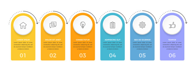 Fototapeta na wymiar Horizontal process flow infographic template features six vertical rounded rectangular sections connected by arrows