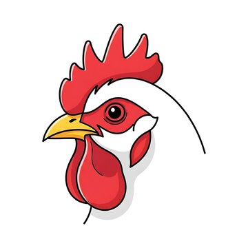 Red cartoon rooster with large comb and wattle.