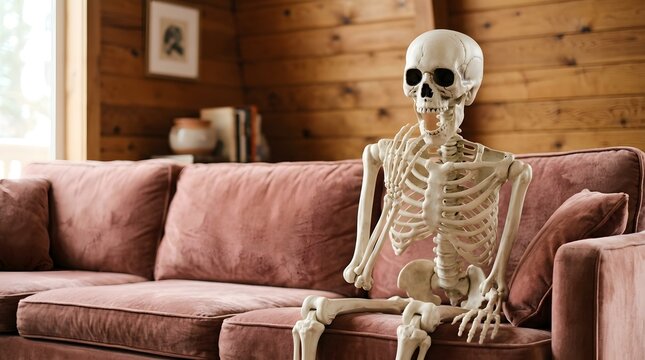 Human skeleton model sitting on a dusty rose colored couch in a cozy living room