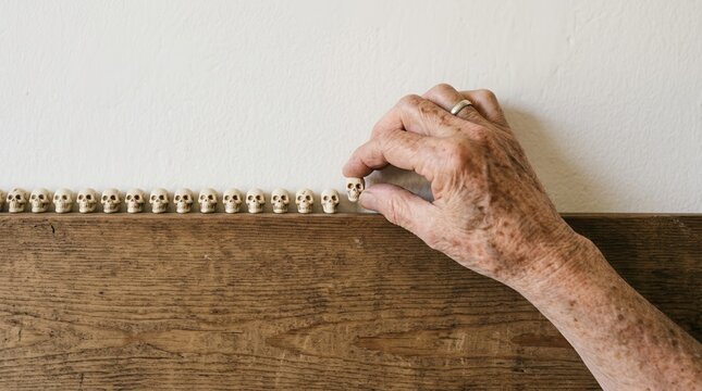 Elderly person hand placing small skull figurine in row on wooden surface representing mortality aging and memento mori concept for philosophical reflection