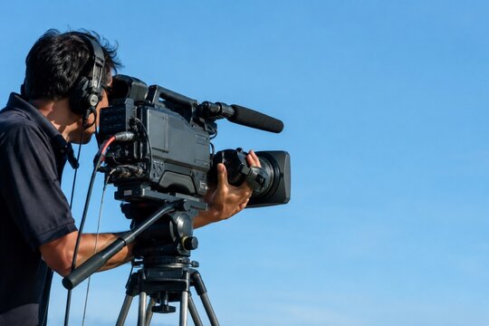 Professional cameraman operating broadcast television camera outdoors under blue sky