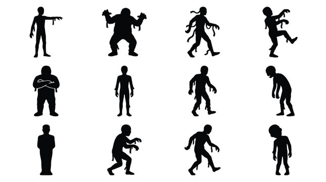 Set of zombie silhouettes, collection of scary walking dead characters, horror icons for halloween design