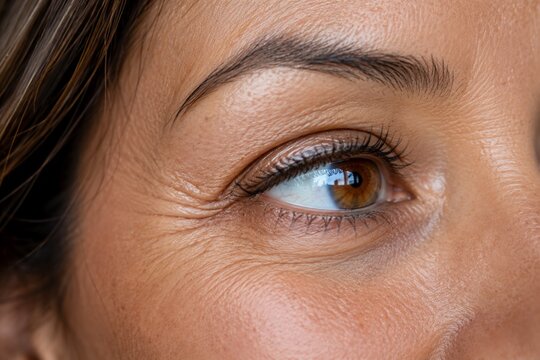 Close up of human eye with crow feet wrinkles and natural skin texture