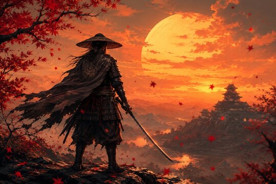 Samurai warrior overlooking Japanese castle at dramatic sunset