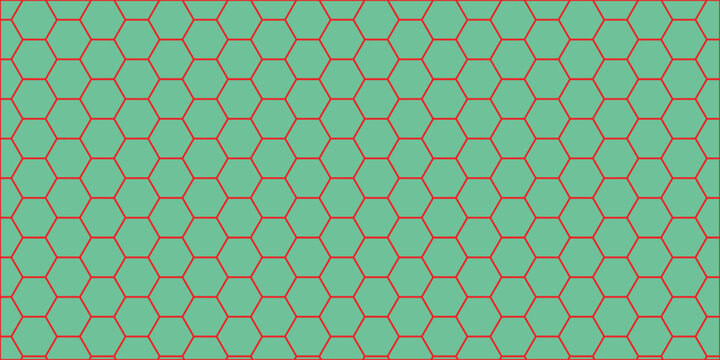 Mint Green Honeycomb Hexagon Pattern Background with Red Geometric Grid and Modern Abstract Digital Design