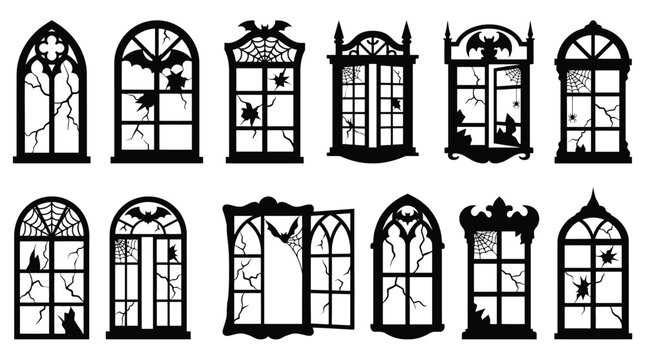 Set of halloween windows silhouettes, spooky haunted house window frames with broken glass, spider webs and bats, vector illustration
