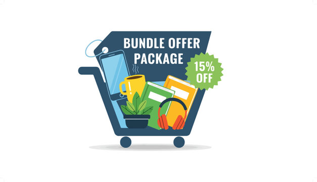 Shopping cart with bundle offer package and discount sign.