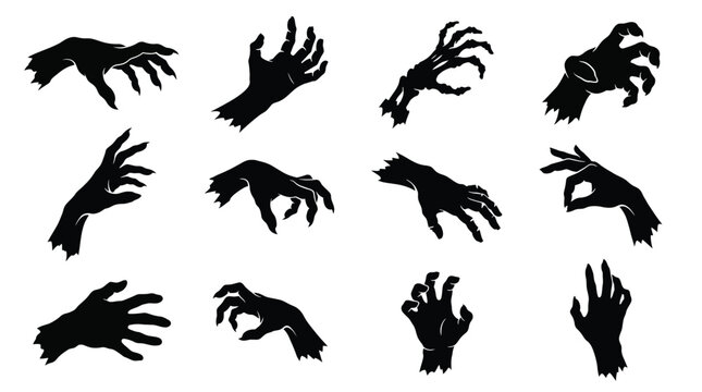 Zombie hands silhouettes set scary monster, demon, and vampire claw reaching out halloween spooky creepy hand gestures vector illustration