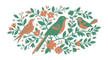 Fototapeta premium Charming illustration of three birds perched amongst blooming branches, naturalistic style