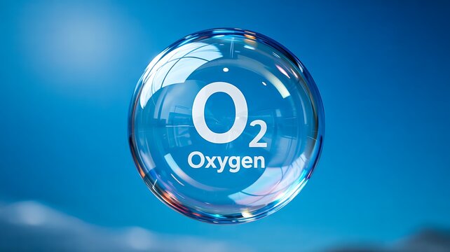 Transparent oxygen molecule sphere with o2 symbol on blue background