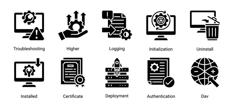 System Operations icon set vector illustration featuring troubleshooting,deployment,authentication,and server operation management concepts.