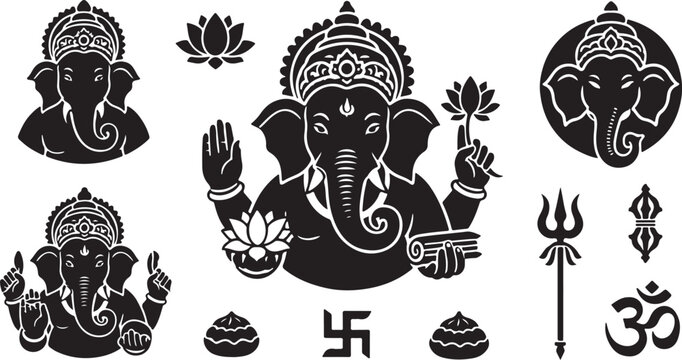 Ganesha god silhouettes and religious symbols including om swastika trident and lotus art.