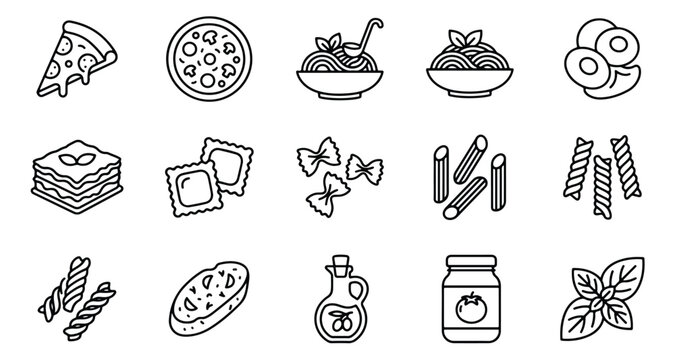 Italian food line icons set, 15 black and white pasta and pizza vector elements, Mediterranean cuisine restaurant menu graphics, minimalist food symbols