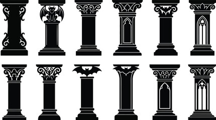 Obraz premium Set of gothic columns, pillars with gargoyle, bat and architectural elements