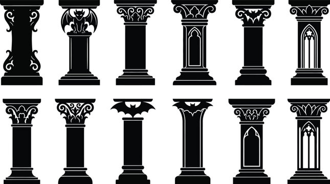 Set of gothic columns, pillars with gargoyle, bat and architectural elements