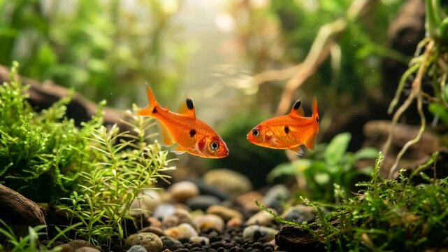 two ember tetra close up underwater in amazon river at morning light video