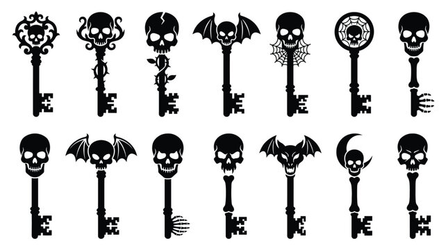 Set of vintage skeleton keys with skulls, bat wings, and gothic elements, vector illustration