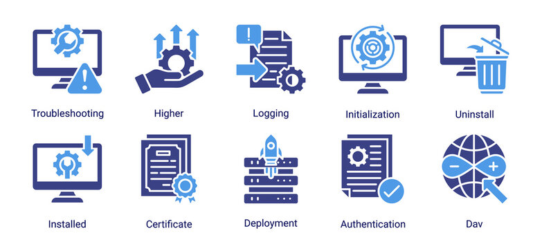 System Operations icon set vector illustration featuring troubleshooting,deployment,authentication,and server operation management concepts.