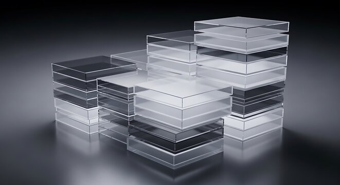 Abstract, stepped stacks of transparent, layered cubes creating a futuristic, gradient display