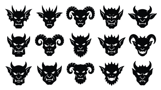 Devil and demon head silhouette vector set horned monster, satanic baphomet, gargoyle, spooky halloween creature, and evil beast face icons