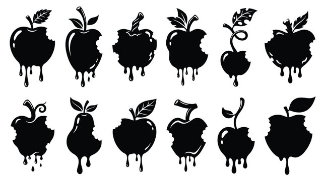 Set of bitten apples with dripping liquid, vector illustration