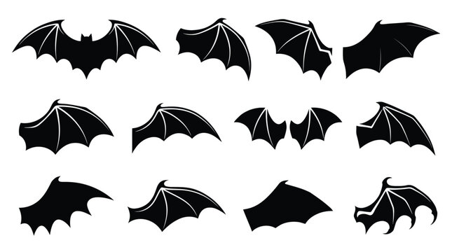 Set of black bat wings and a bat silhouette