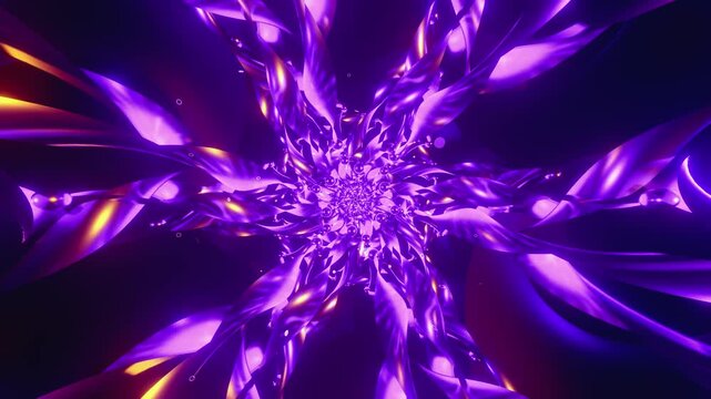 4k seamless loop of a futuristic organic tunnel. Abstract digital vortex made of twisting glossy petals, reflective spheres and floating rings, creating deep perspective for space tech backgrounds