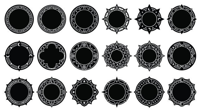 Set of magical frames and mystical circular borders with occult and esoteric symbols, vector illustration