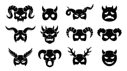 Obraz premium Set of devil masks, horned demon faces, scary carnival masquerade icons vector illustration of evil spirits, monsters, and mythical creatures for halloween party design elements