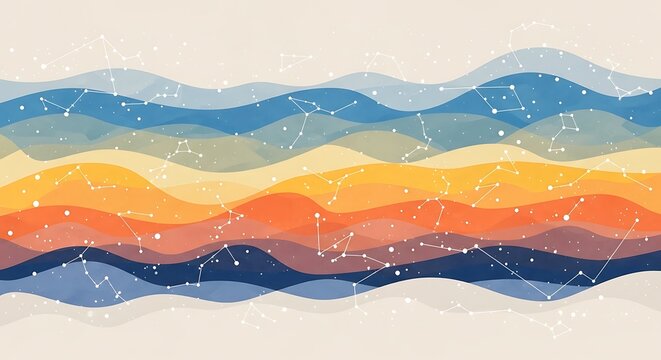 Abstract wavy layers of warm colors, with constellation points and lines, creating a dreamy scene
