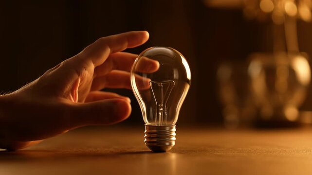 A hand placing a transparent light bulb on a wooden table in warm low light