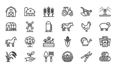 Obraz premium Agriculture and Farm Outline Icons Vector Pack