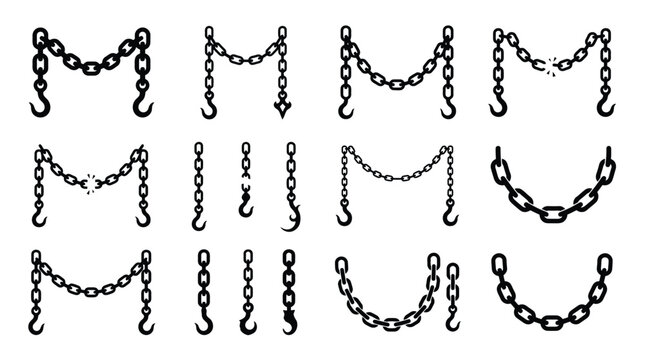Set of metal chains with hooks, different types of industrial chains, broken and whole links, vector illustration