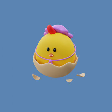 Easter baby chick hatching from egg on blue background. Cute spring kids yellow illustration. Image 3D rendering.