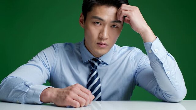Stressed Asian Businessman at Desk with Hand on Forehead, Green Screen Background
